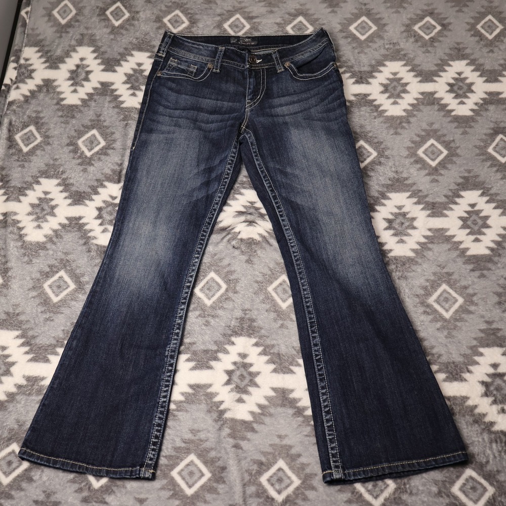 Silver Jeans Co Suki Mid Rise Bootcut Dark Wash Denim W29 L30 Embroidery Pockets